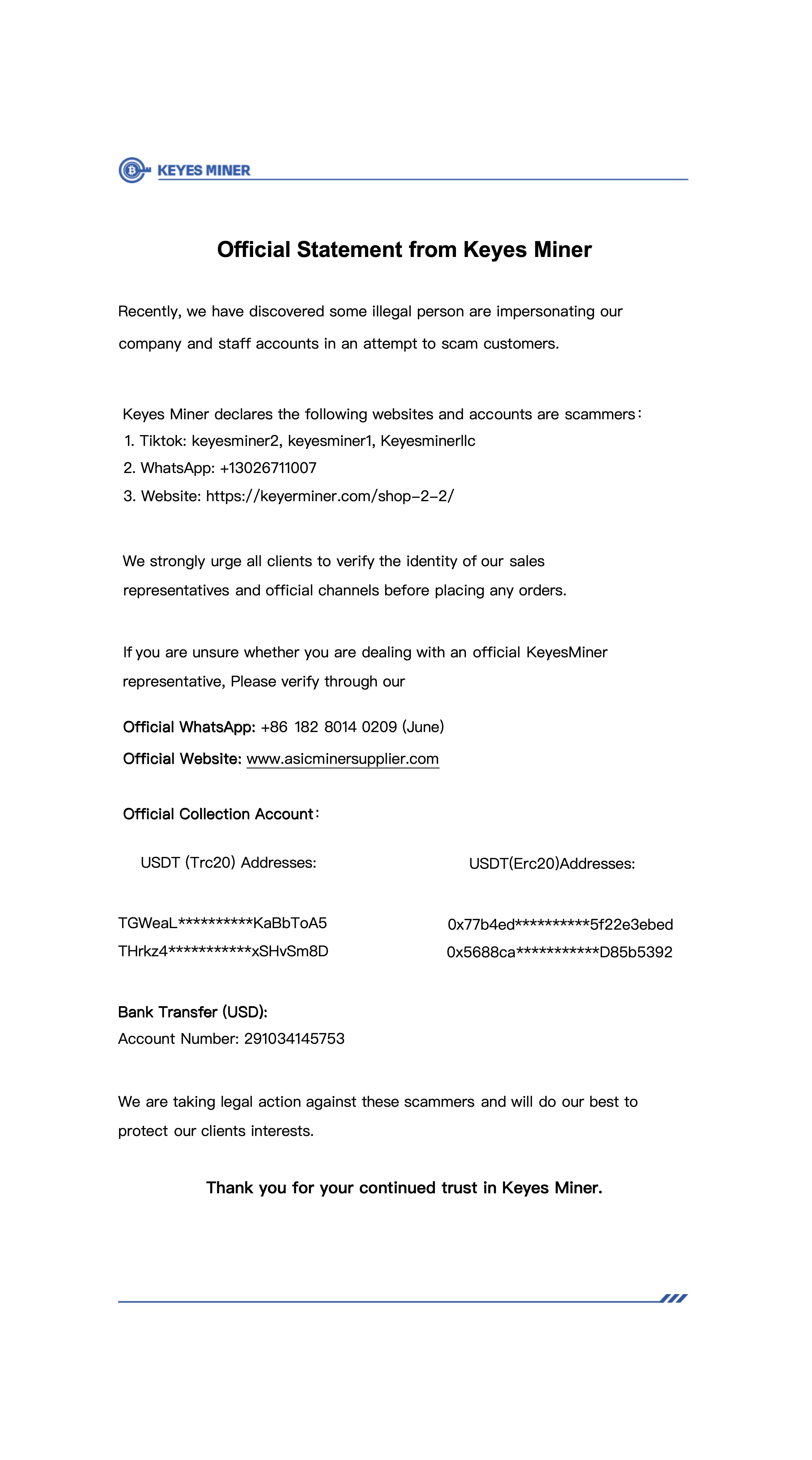 We recently discovered that some scammers are impersonating our company and staff to trick customers.